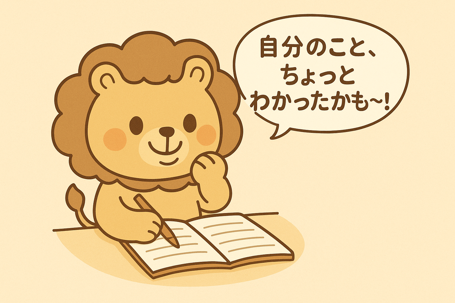 ノートを見ながら『自分のこと、ちょっとわかったかも〜!』とうなずくライオンのキャラクターのイラスト