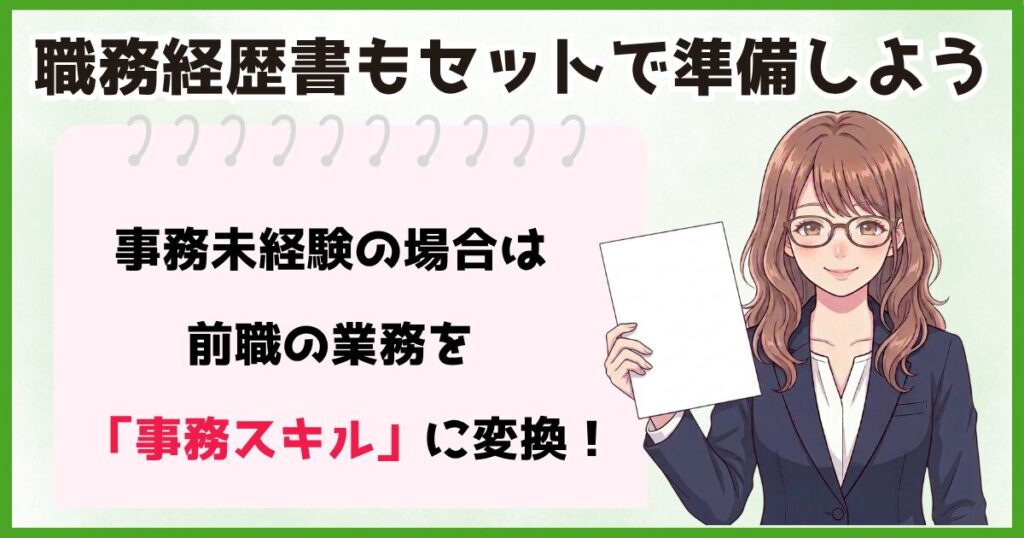 未経験から事務職に転職するための職務経歴書の書き方とスキルの伝え方を解説した画像