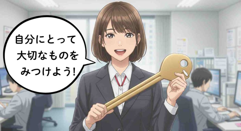 スーツ姿の女性がオフィスで笑顔で大きな金色の鍵を持ちながら、「自分にとって大切なものをみつけよう!」と話しかけているイラスト。背景にはパソコン作業をしている同僚たちが描かれており、転職活動で自分の軸を見つける大切さを明るく伝える構図。