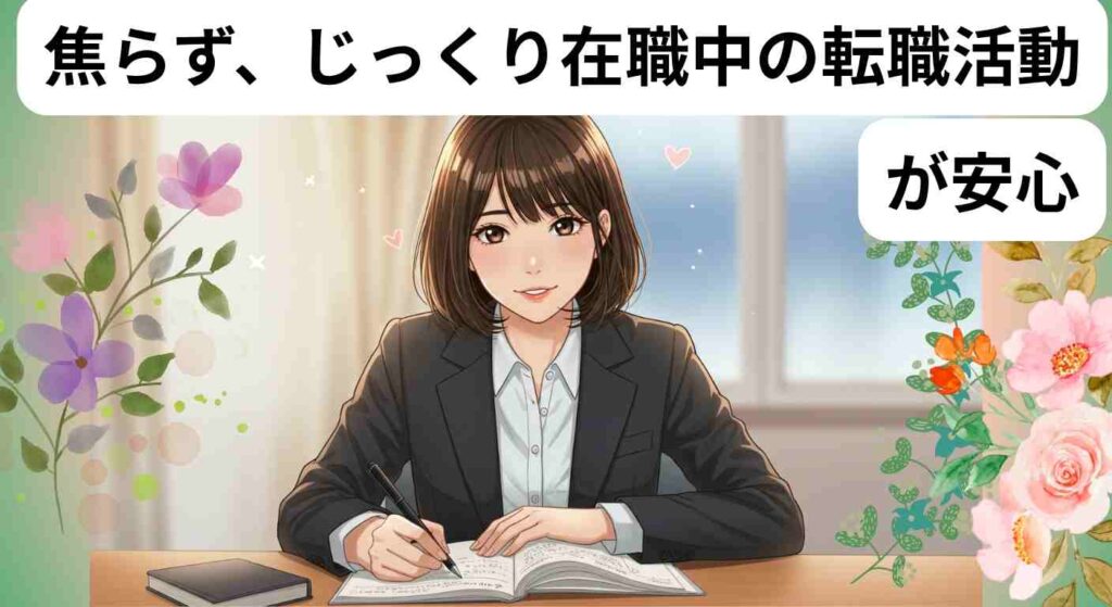 「焦らず、じっくり在職中の転職活動が安心」というメッセージと共に、スーツ姿の女性が笑顔で机に向かい、ノートに転職活動の計画を書いているイラスト。背景には花やハートのモチーフが飾られ、明るく前向きな雰囲気が漂っている。