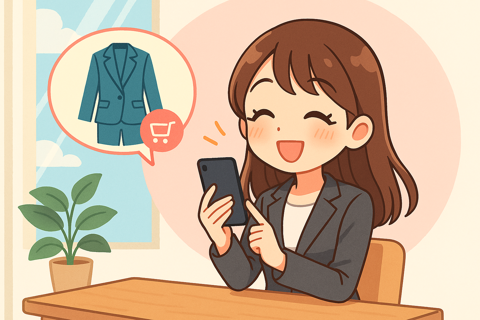 「スーツを通販で探している女性。スマホを見ながら笑顔で楽しそうに選んでいる様子。吹き出しにはスーツのイラストとカートのアイコンが表示されている。」