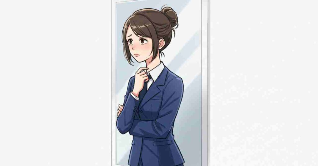 「鏡の前でスーツ姿をチェックしながら、不安そうな表情を浮かべて悩んでいる女性のイラスト。転職面接に着ていく服装に迷っている様子。