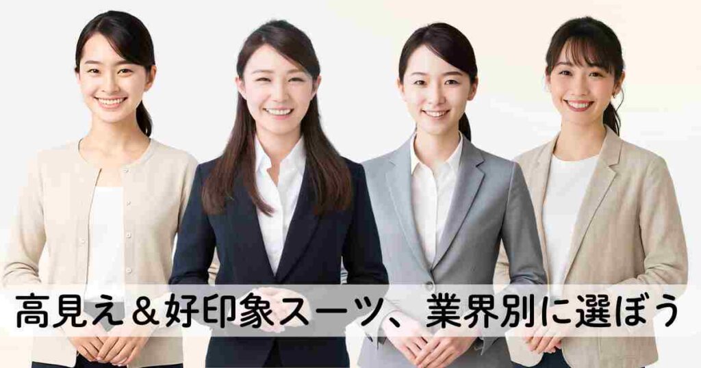 「カーディガンやスーツ姿の4人の女性が並んで微笑んでいる。服装は業界別の印象に合わせたスタイルで構成され、『高見え&好印象スーツ、業界別に選ぼう』というキャッチコピーが中央に表示されている。