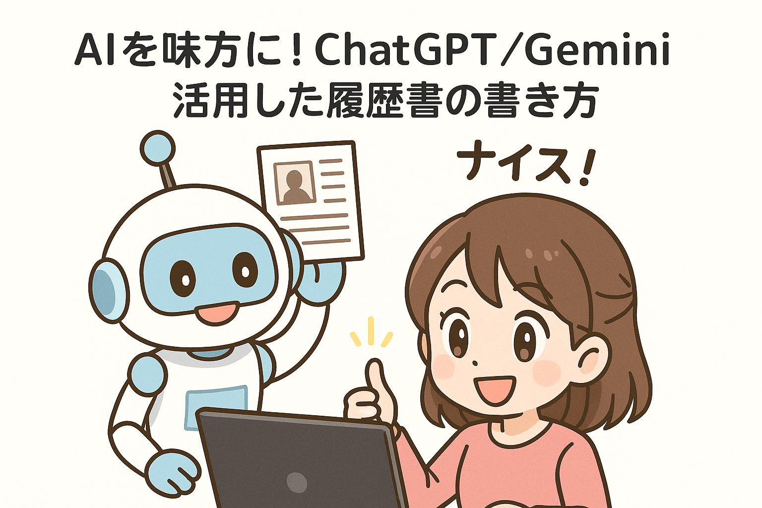 履歴書作成にAIを活用する様子を描いたイラスト。笑顔の女性がパソコン画面を見ながら親指を立て、隣でロボットが履歴書を手に持っている。「AIを味方に！ChatGPT／Geminiを活用した履歴書の書き方」というタイトルと、「ナイス！」という吹き出し付き。