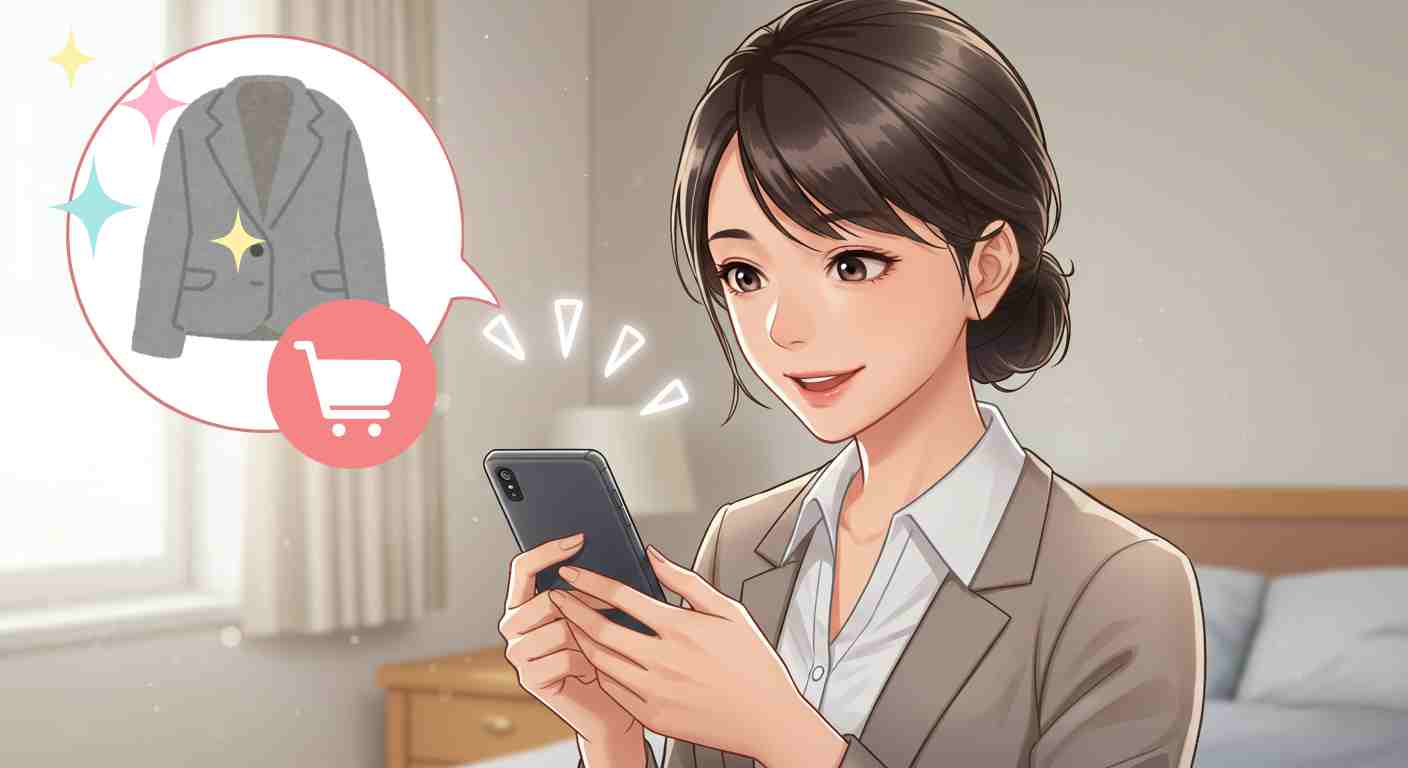 「スーツを通販で探している女性。スマホを見ながら笑顔で楽しそうに選んでいる様子。吹き出しにはスーツのイラストとカートのアイコンが表示されている。」