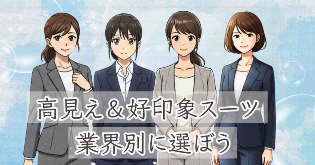 「高見え&好印象スーツ 業界別に選ぼう」と書かれた文字と、4人の女性がそれぞれ異なるスーツを着て並んでいるイラスト。転職面接向けの服装を業界別に紹介するイメージを伝えるビジュアル。