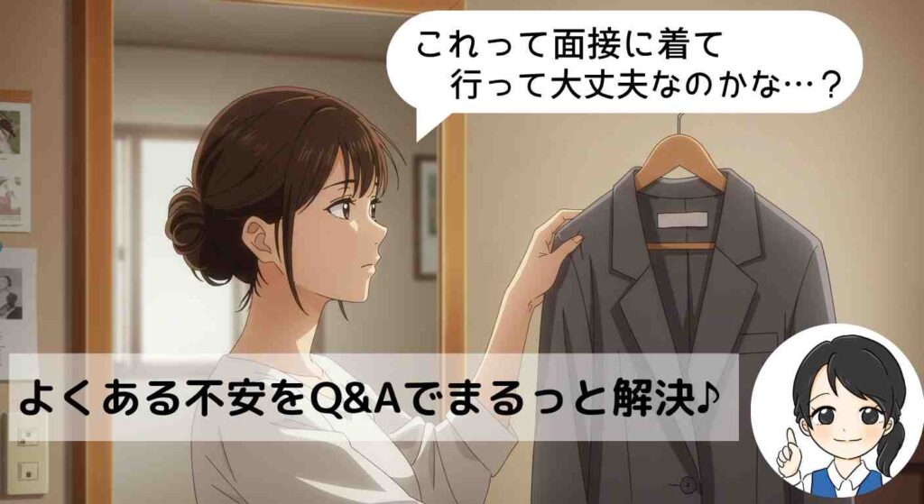 スーツを見ながら「これって面接に着て行って大丈夫なのかな…?」と悩む女性と、「よくある不安をQ&Aでまるっと解決♪」と案内するイラスト