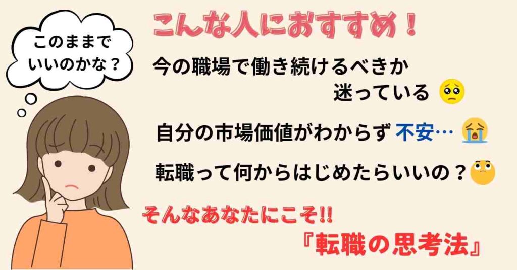 考え込む女性のイラストと吹き出しに「このままでいいのかな?」という言葉。右側には「こんな人におすすめ!」という見出しとともに、「今の職場で働き続けるべきか迷っている」「自分の市場価値がわからず不安」「転職って何からはじめたらいいの?」という悩みが並び、最後に「そんなあなたにこそ!!『転職の思考法』」と赤い文字で紹介されている。