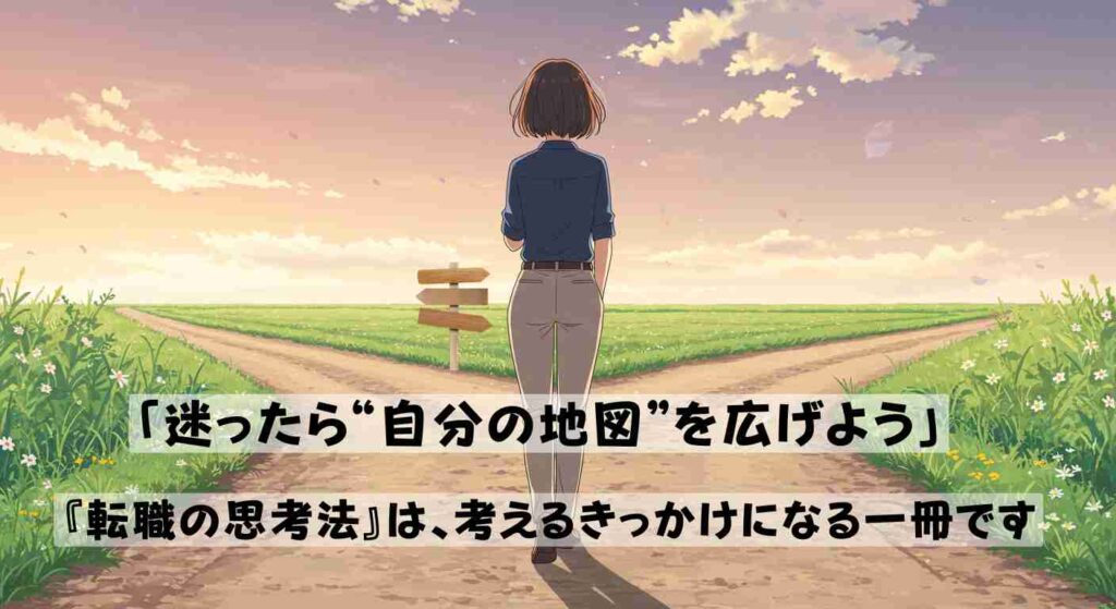 分かれ道に立ち、自分の進む道を見つめる女性の後ろ姿。転職やキャリアの選択に迷う人の心情を表現した一枚。