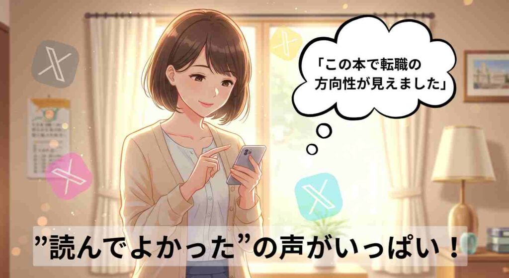 スマートフォンを見ながら笑顔を浮かべる女性のイラスト。吹き出しで「この本で転職の方向性が見えました」と感想を述べている。背景はやわらかい日差しが差し込む部屋の中。画面下には「“読んでよかった”の声がいっぱい!」というメッセージが表示されている。