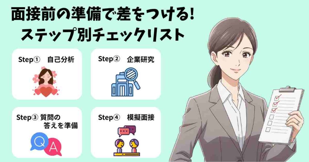 事務の面接前の準備で差をつけるための5つのステップを紹介するイラスト。スーツ姿の女性がチェックリストを持ち、自己分析・企業研究・質問対策・模擬面接などの項目が並んでいる。