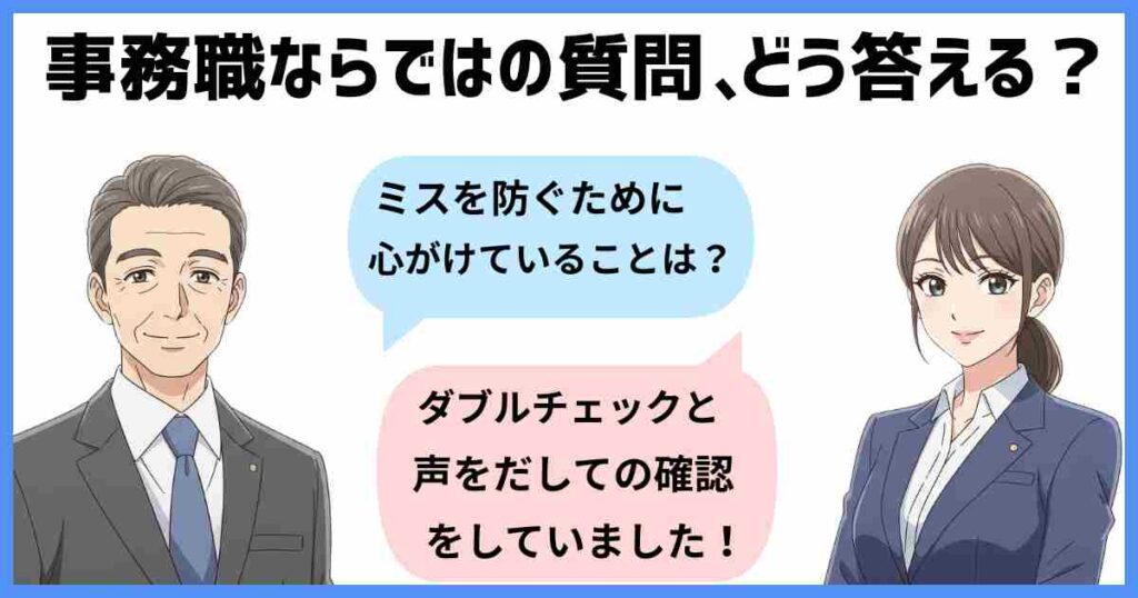 面接官が『ミスを防ぐために心がけていることは?』と質問し、応募者の女性が『ダブルチェックと声に出しての確認をしています!』と笑顔で答えているイラスト。事務職ならではの質問への回答例を示している場面。