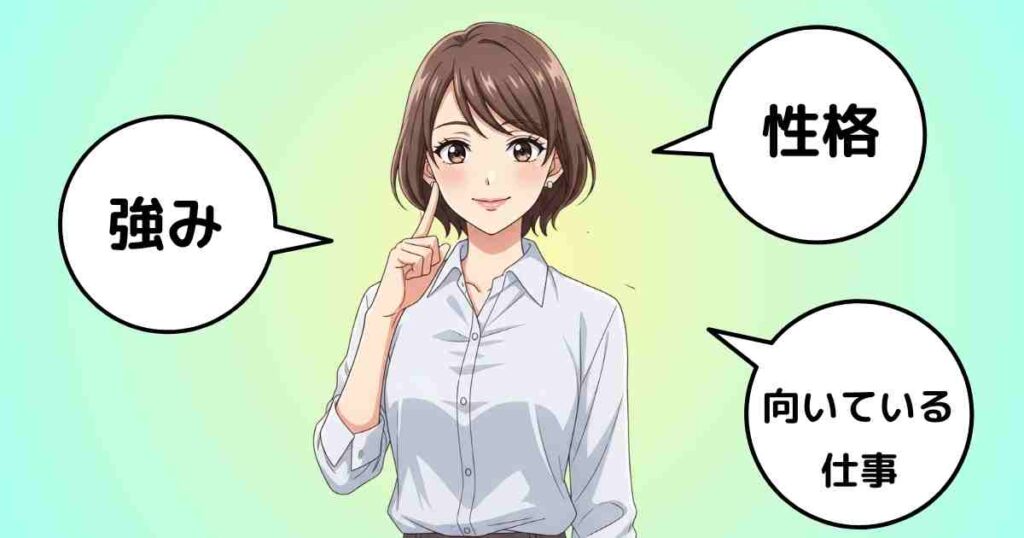 白いシャツを着た女性が微笑みながら指を立て、周囲に「強み」「性格」「向いている仕事」の吹き出しが浮かんでいる。パステルグリーンの背景で、自分の特性を見つけるイメージを表現したイラスト。