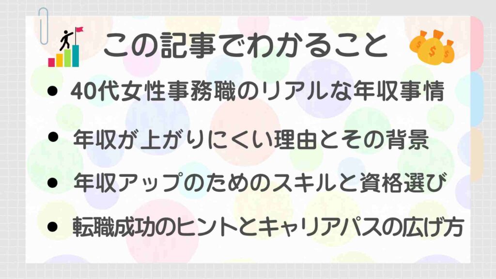 「この記事でわかること」を紹介する図解。40代女性事務職の年収事情やキャリアアップのポイントをまとめた内容。