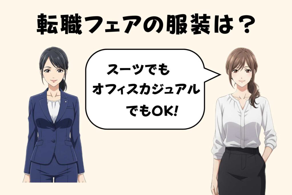 マイナビ転職フェアの服装例。スーツ姿の女性とオフィスカジュアル姿の女性が並び、どちらの服装でも参加可能であることを示しているイラスト。