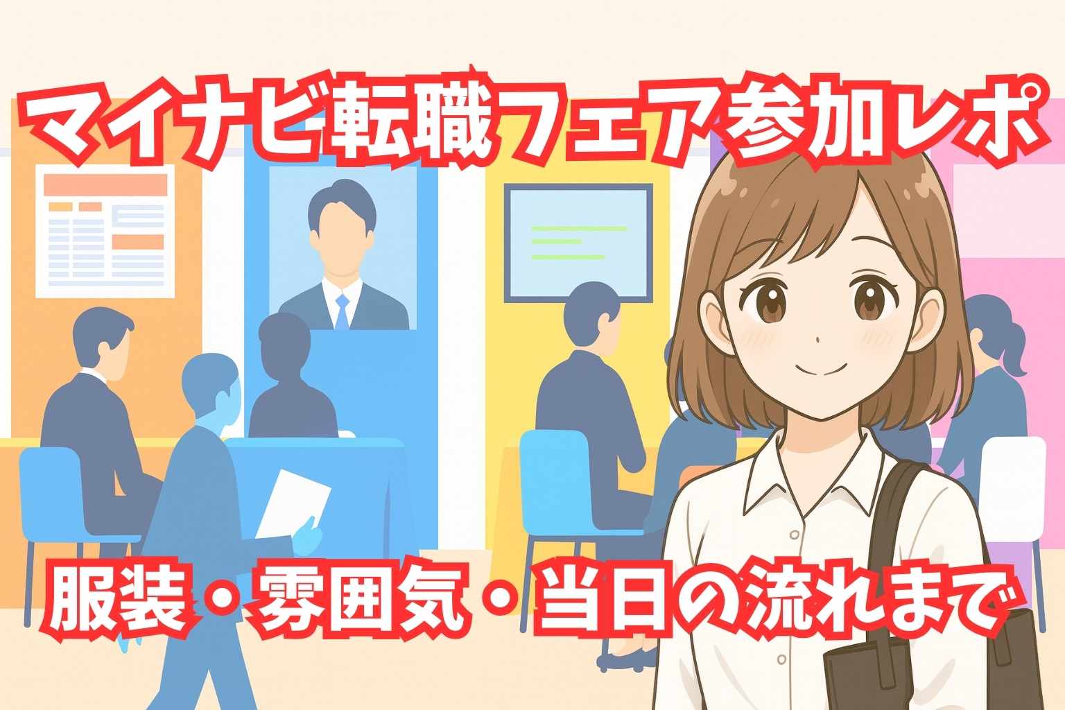 転職フェア参加レポート用のアイキャッチ。服装・雰囲気・当日の流れを解説する記事イメージ