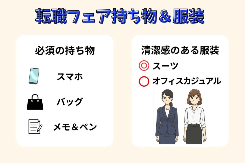 マイナビ転職フェアの持ち物と服装のイラスト。必須の持ち物としてスマホ・バッグ・メモとペンが描かれ、服装はスーツとオフィスカジュアルの女性の例が紹介されている。