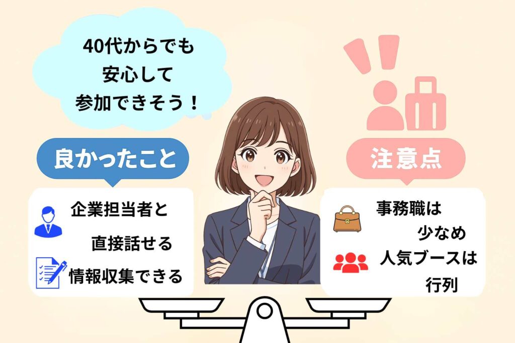 マイナビ転職フェアの体験談をイラストで紹介。スーツ姿の女性が「良かったこと」と「注意点」を比較し、40代からでも安心して参加できる雰囲気を表現している。