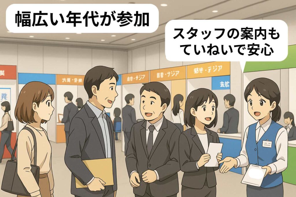 マイナビ転職フェアの会場で、幅広い年代の参加者とスタッフが交流している様子。スタッフの丁寧な案内により初参加でも安心できる雰囲気が伝わるイラスト