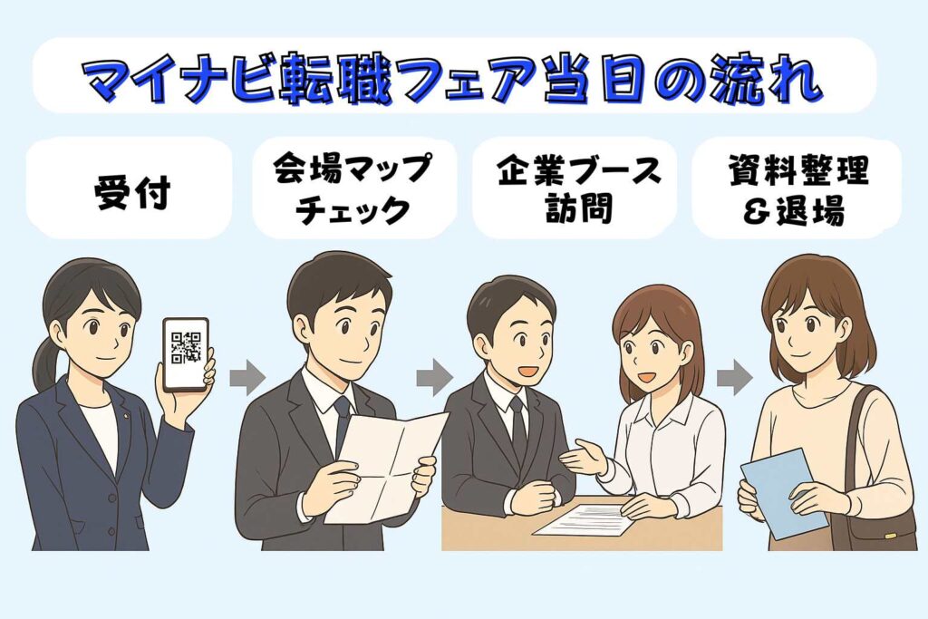 マイナビ転職フェア当日の流れを示したイラスト。受付、会場マップのチェック、企業ブース訪問、資料整理と退場の順番が描かれている。