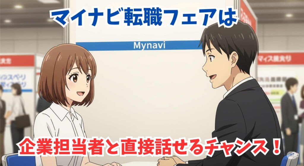 マイナビ転職フェアで企業担当者と直接話す女性参加者のイラスト