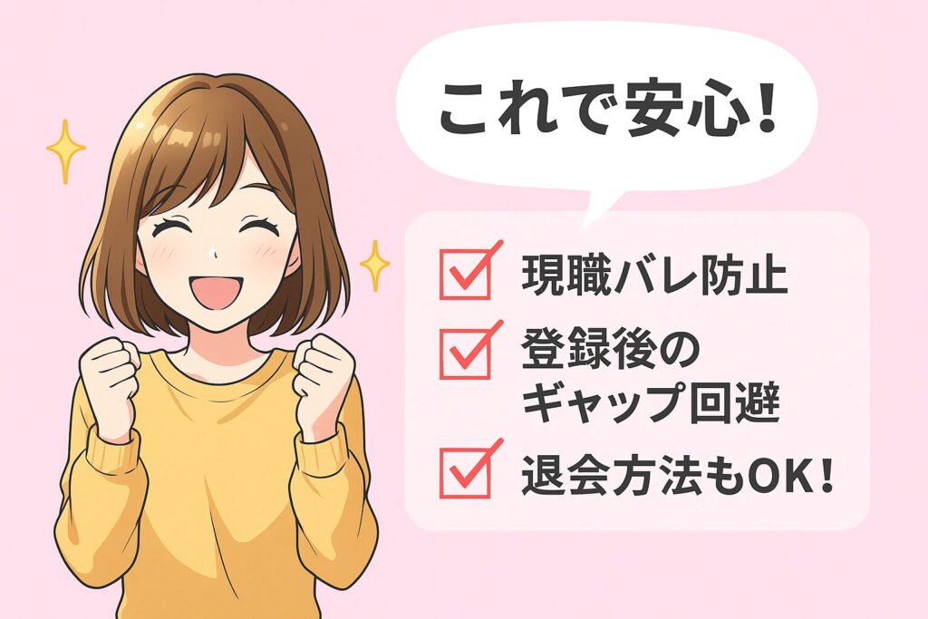 黄色いセーターの女性が笑顔でガッツポーズをしている。背景には『不安をなくしてリクナビNEXTを安心して使おう』の文字と、現職バレ対策や登録後のミスマッチ防止などのポイントが箇条書きで表示されている。