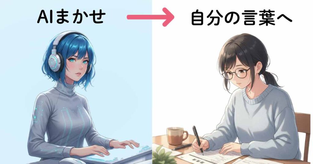 AIが作った文章を、自分の言葉で自然に書き直すことを表現したイラスト。左にヘッドホンをつけた青髪のAIキャラクター、右に眼鏡をかけた女性が机で書き物をしている。“AIまかせ → 自分の言葉へ”というテキスト付き。