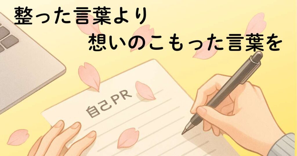 履歴書の「自己PR」欄に手書きで言葉を書き込む様子のイラスト。机の上にはノートパソコンと桜の花びらがあり、温かい光の中で「整った言葉より 想いのこもった言葉を」というメッセージが添えられている。