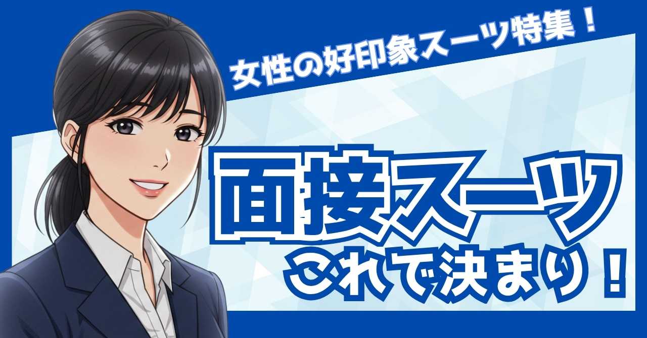 ユニクロの紺のスーツを着た笑顔の女性イラストと、見出し「面接スーツはこれで決まり！」。サブ見出しに「好印象＆高見えが叶う！女性の味方スーツ特集！」と書かれた、青系背景のアイキャッチ画像。