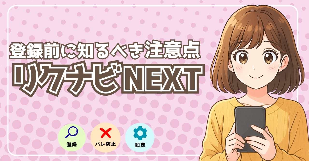 リクナビNEXT登録前に知っておくべき注意点を解説するアイキャッチ画像。登録の注意、会社にバレない方法、設定のコツをイラスト付きで紹介。