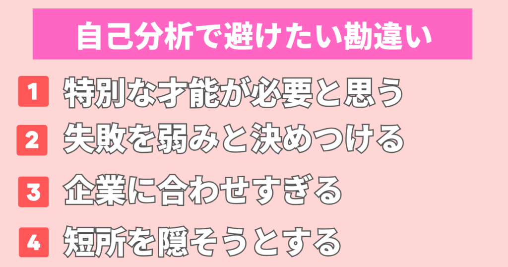 「自己分析で避けたい勘違い」として

特別な才能が必要と思う

失敗を弱みと決めつける

企業に合わせすぎる

短所を隠そうとする
の4つのポイントをまとめた図解画像。