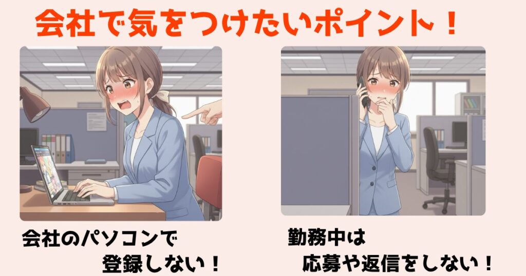 リクナビネクストに登録してばれないためのポイントのイラスト。会社のパソコンで登録しない、勤務中は応募しない！という図解あり。