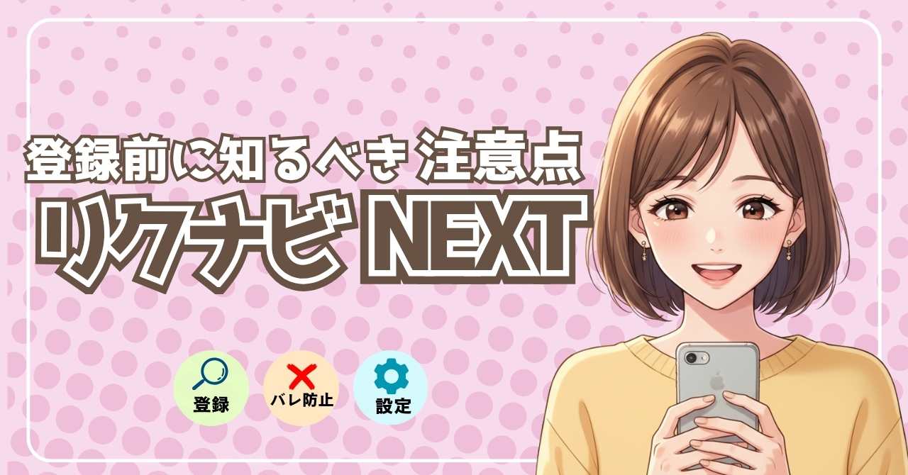 リクナビNEXT登録前に知っておくべき注意点を解説するアイキャッチ画像。登録の注意、会社にバレない方法、設定のコツをイラスト付きで紹介。