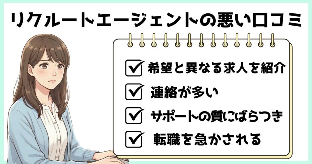リクルートエージェントの悪い口コミを、希望と異なる求人紹介・連絡頻度・サポートのばらつき・転職を急かされる点で整理した画像