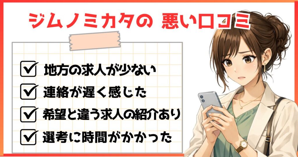 ジムノミカタの悪い口コミまとめ。地方の求人が少ない、連絡が遅い、希望と違う求人の紹介がある、選考に時間がかかるといった評判を紹介するイメージ画像。
