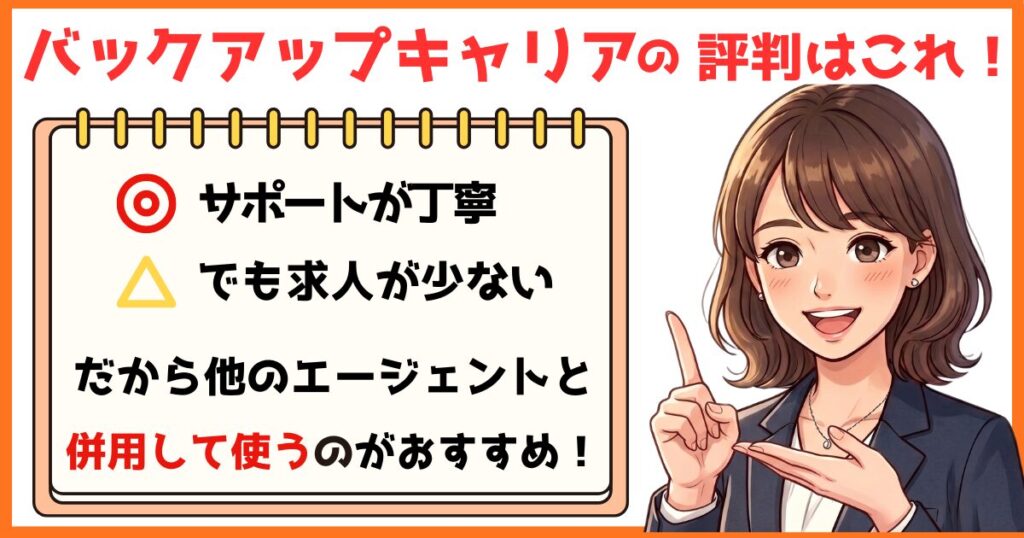 バックアップキャリアの評判はサポートが丁寧だが求人は少なく他社エージェントとの併用がおすすめと解説する画像
