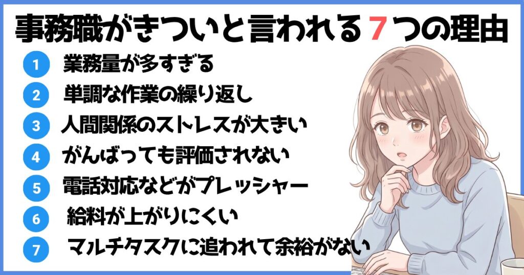 事務職がきついと言われる7つの理由をまとめたイラスト