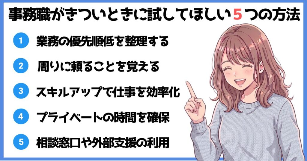 事務職がきついときに試してほしい5つの対処法を紹介するイラスト