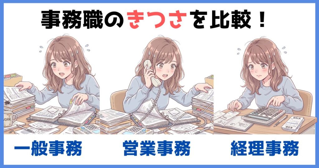 一般事務・営業事務・経理事務のきつさを比較したイラスト