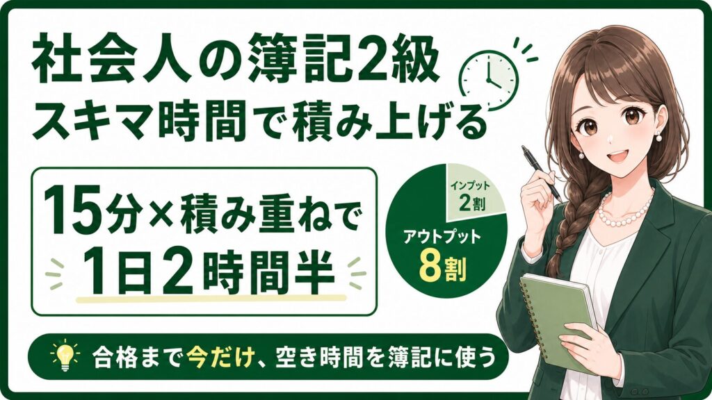 「社会人の簿記2級 スキマ時間で積み上げる」と題されたアイキャッチ画像。15分のスキマ時間を積み重ねて1日2時間半の勉強時間を確保すること、そして「インプット2割、アウトプット8割」という効率的な勉強の比率を提案しています。最下部には「合格まで今だけ、空き時間を簿記に使う」というメッセージと、ノートを持った笑顔の女性イラストが描かれています。