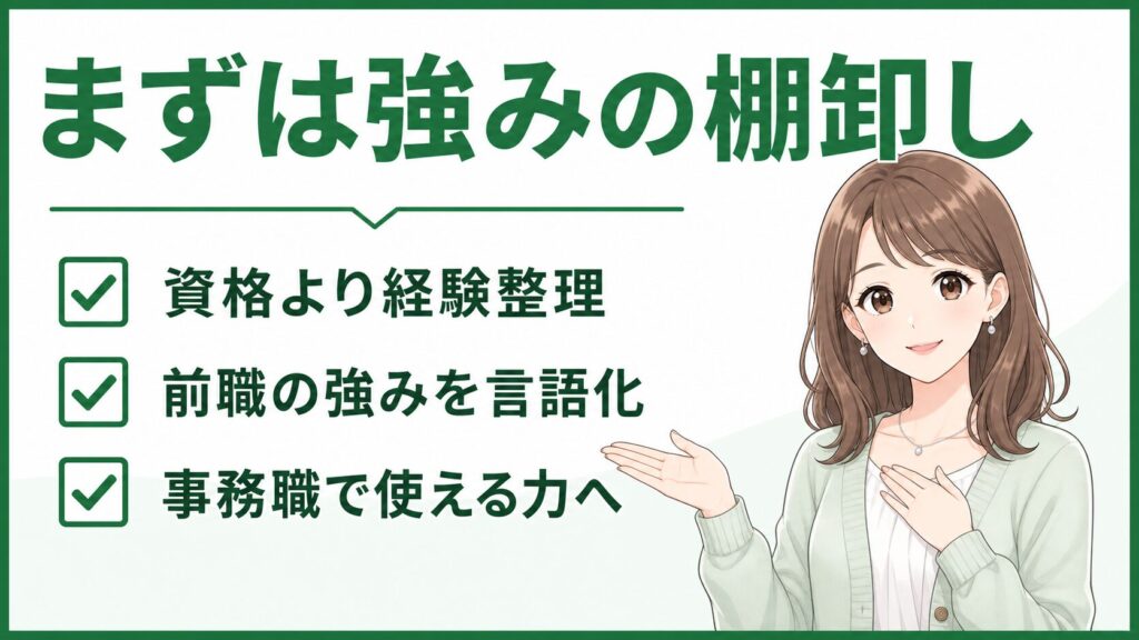 事務職のスキルアップは何から始めるかを強みの棚卸しで整理する図解