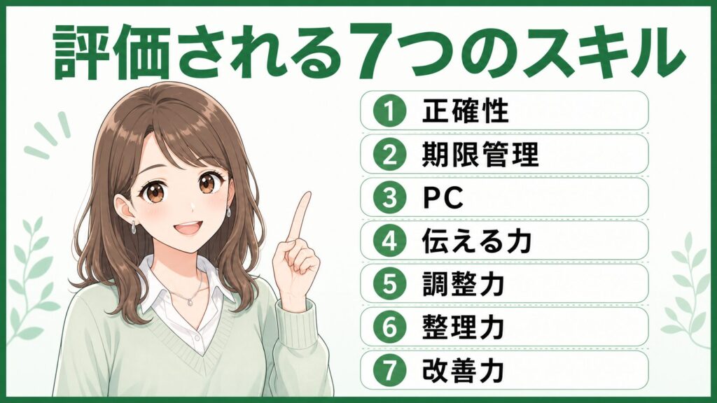 事務職転職で評価される7つのポータブルスキルをまとめた図解