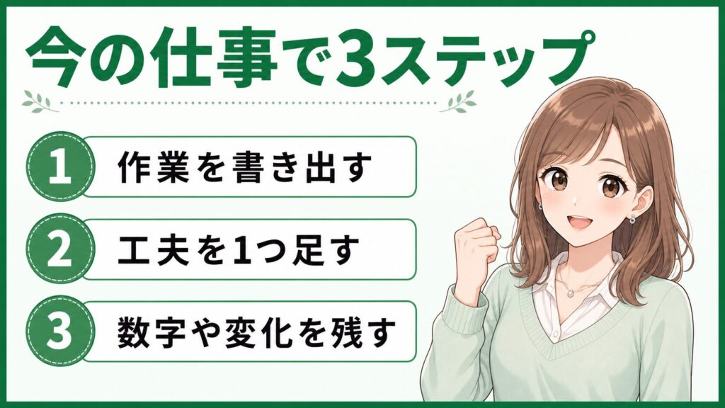 今の仕事で事務職に活かせるスキルを伸ばす3ステップの図解