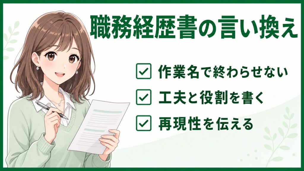 事務職転職の職務経歴書で経験を言い換えるポイントの図解