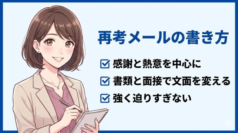 不採用後に送る再考メールの書き方を解説する図解。感謝と熱意を中心に、書類と面接で文面を変える、強く迫りすぎないという3つのポイント。