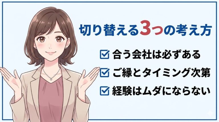 不採用を縁がなかっただけと切り替える3つの考え方の図解。合う会社は必ずある、ご縁とタイミング次第、経験はムダにならない。