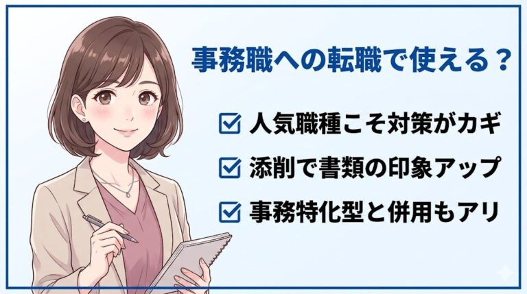 事務職の転職でマイナビエージェントは使えるかを解説する図解。人気職種こそ選考対策がカギ、書類添削で印象アップ、事務職特化型との併用もアリという採用担当目線のポイント。