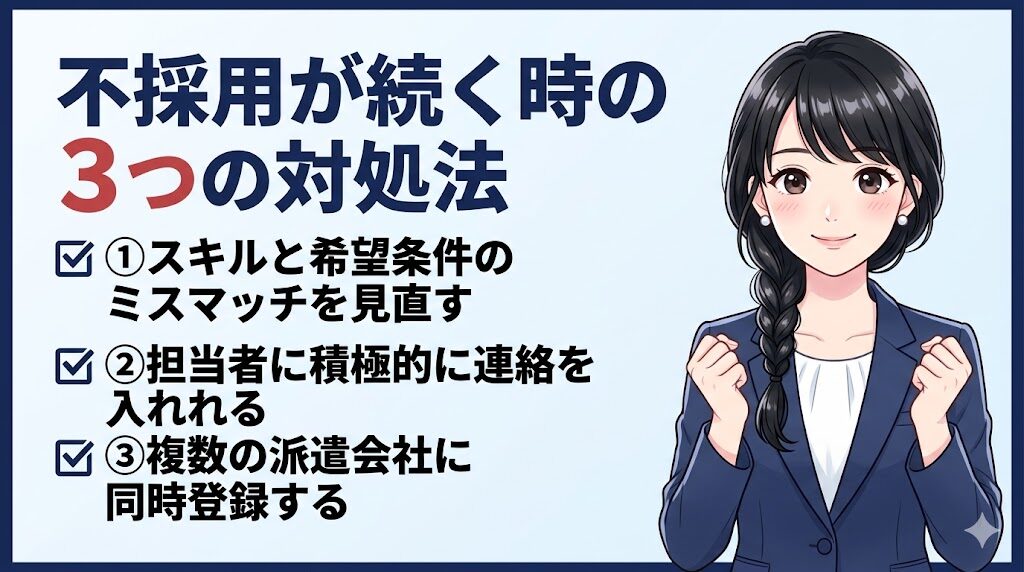 ランスタッドの派遣で仕事が決まらない・不採用が続く時の3つの対処法を解説するイラスト