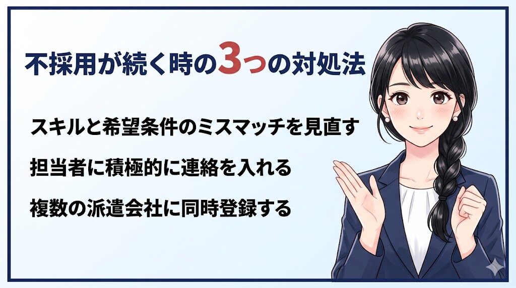 ランスタッドの派遣で仕事が決まらない・不採用が続く時の3つの対処法を解説するイラスト
