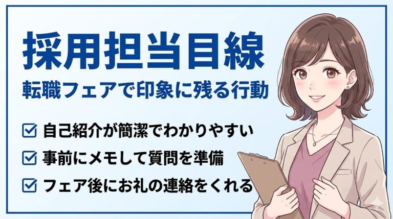 転職フェアで採用担当に印象を残すための3つの行動を解説するイラスト。自己紹介が簡潔、事前にメモ、お礼の連絡が大切。